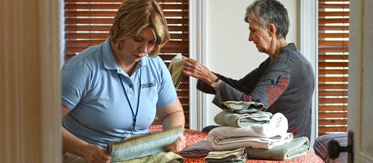 Female care worker folds laundry with elderly woman at home.