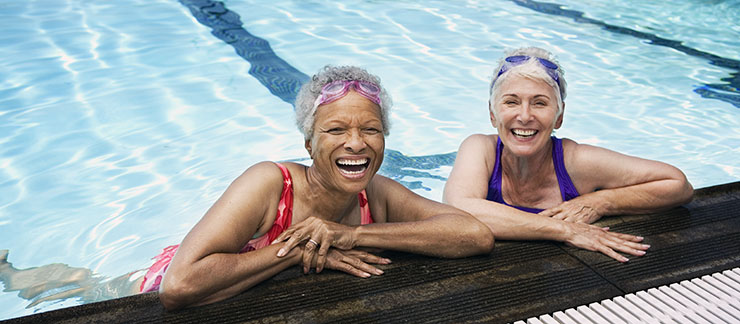 Smiling senior women enjoying the benefits of an indoor pool.