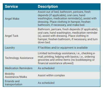 Services that can be provided at communities include, computer assistance, ordering assistance, Angel Wake and Angel Tuck, laundry help and more!