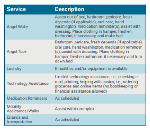 Services that can be provided at communities include, computer assistance, ordering assistance, Angel Wake and Angel Tuck, laundry help and more!