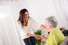 provider of private duty care in Portland shaking hands with elderly woman 