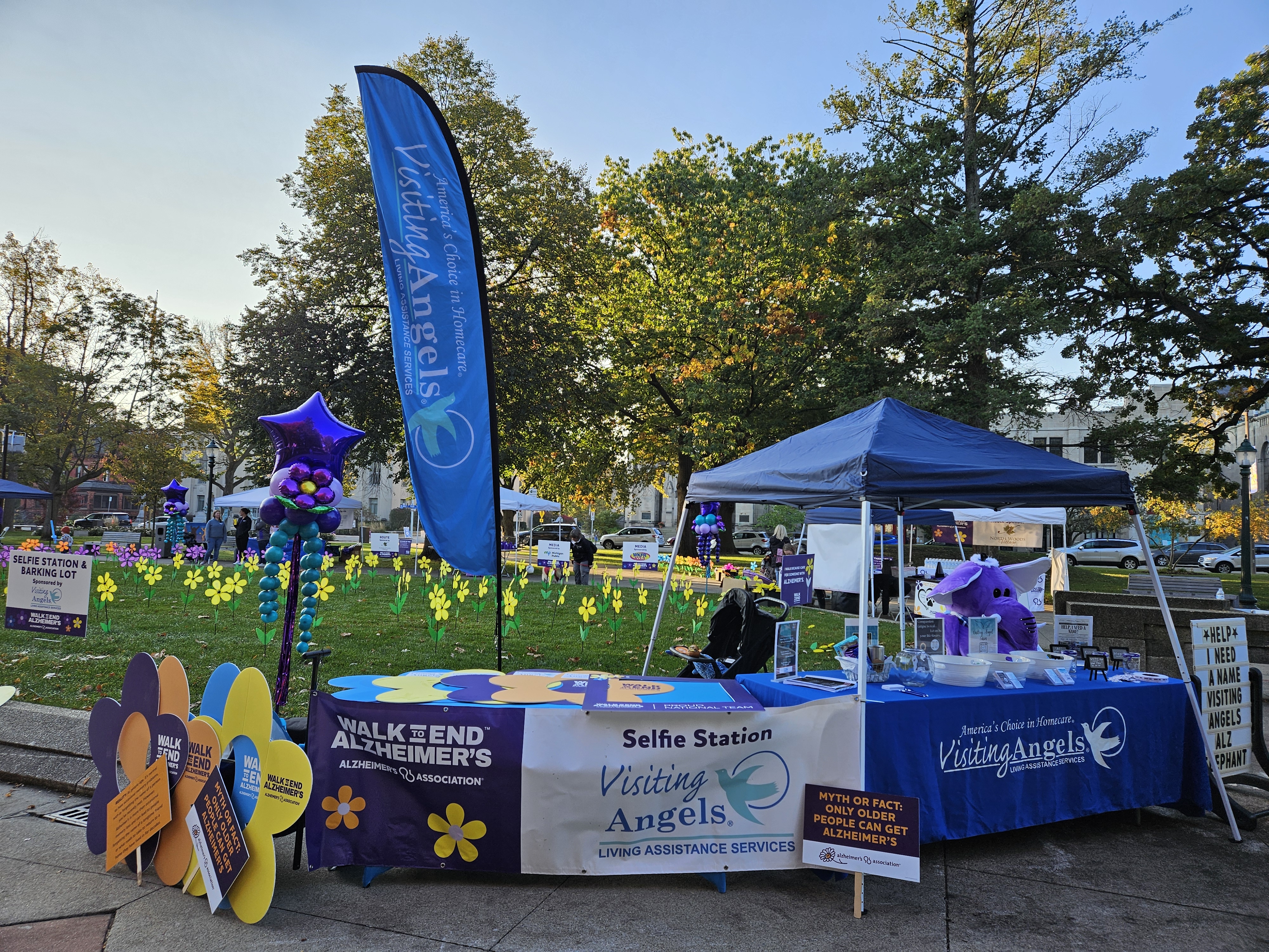 A Visiting Angels of Southwest Michigan display booth in Bronson Park in Downtown Kalamazoo during the annual Walk to End Alzheimer's community event.